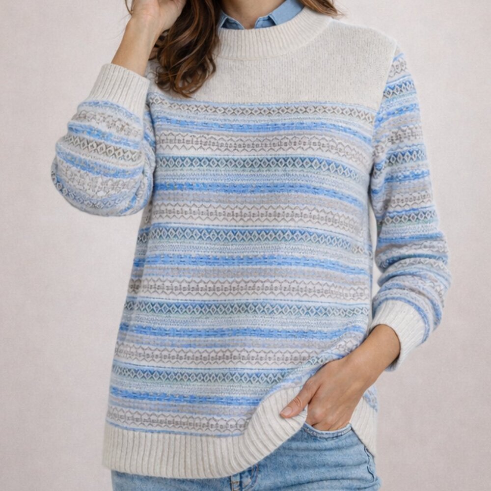 The Tog Shop Fair Isle Mock Neck Sweater Blue Nordic Knit Pullover L